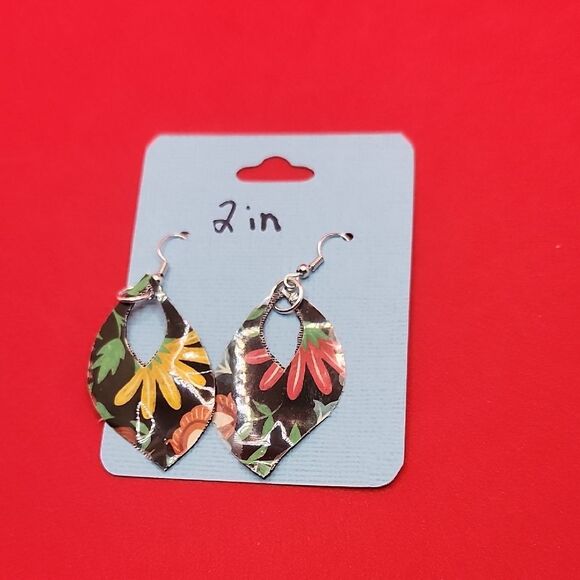 Hand Crafted Dangle Earring Faux Leather Floral Drop - Multicolor - Picture 7 of 13